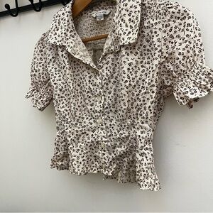 American Eagle Cream Button-Down Floral Peplum Top Puff Sleeve XS